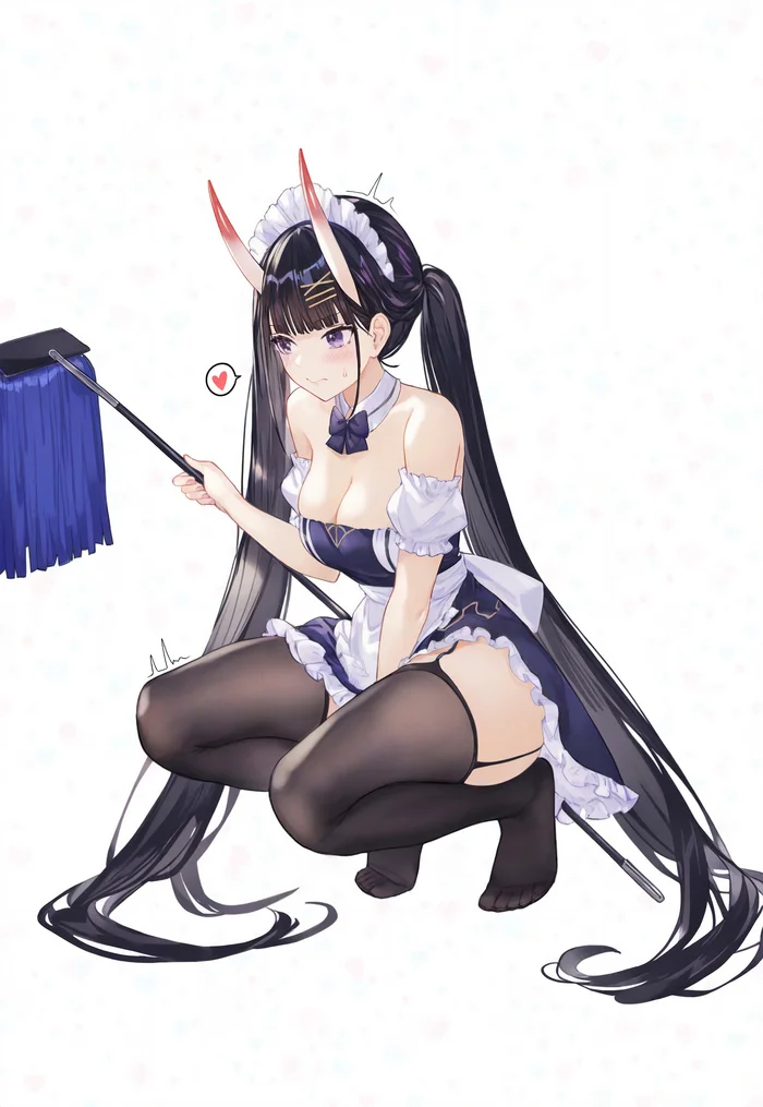 Noshiro - Anime art, Anime, Azur lane, Noshiro, Girl with Horns, Stockings, Urdha, Housemaid