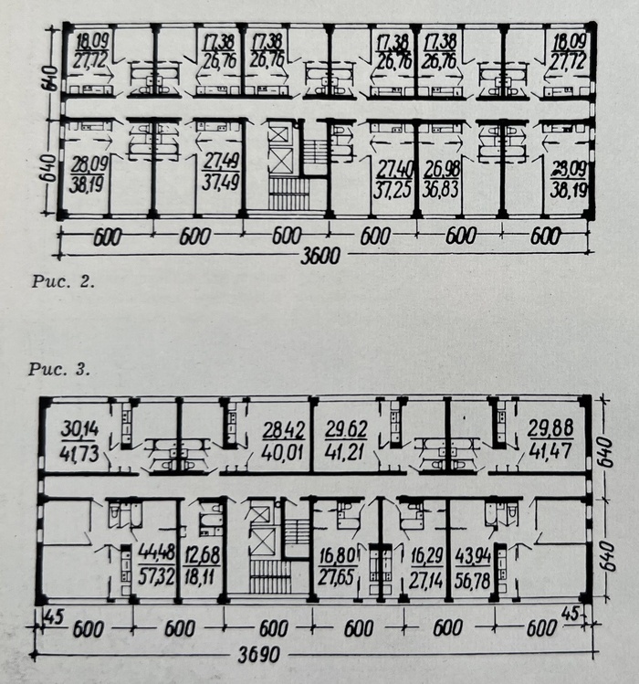 Варианты планировок квартир в домах. Обратите вниание на рисунок 3. Тут внизу слева (вторая по счёту) квартира-студия для одного человека общей площадью 18 м². Из журнала "Строительство и архитектура Москвы" за 1963 год (№12).