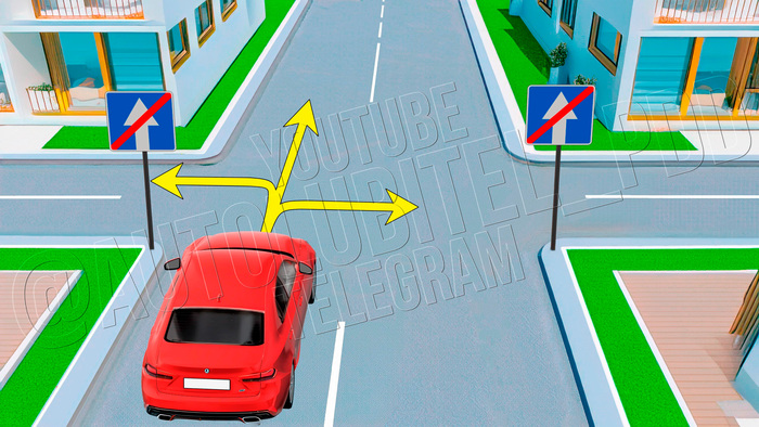 Куда разрешено продолжить движение водителю красного автомобиля?