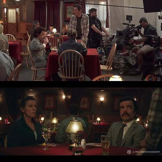 Сцена "свидания" Милдред и Джеймса на съёмках и в фильме. В клетчатой рубашке бывший муж Милдред Чарли (Джон Хоукс).