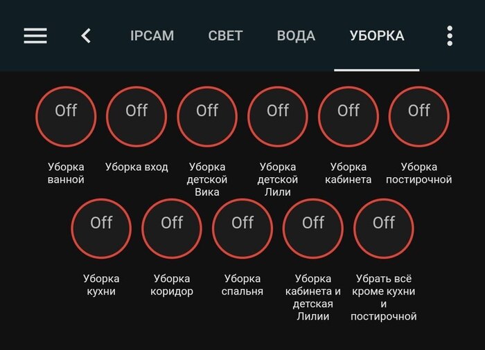 Кнопки запуская сценариев зональной уборки в Home Assistant