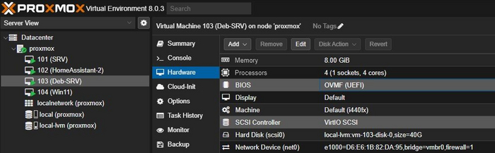   hardware  BIOS  UEFI  SCSI Controller   VirtIO SCSI