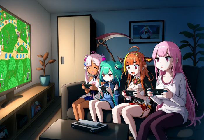 Game , Anime Art, Virtual YouTuber, Hololive, Mori Calliope, Kiryu Coco, Rushia Uruha, Tsukumo Sana,  