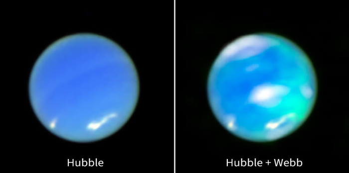 На изображении показаны два вида Нептуна: слева — обычное изображение от телескопа «Хаббл», справа — комбинированное изображение данных «Хаббла» и «Уэбба», где полярные сияния видны как светло-голубые пятна. 