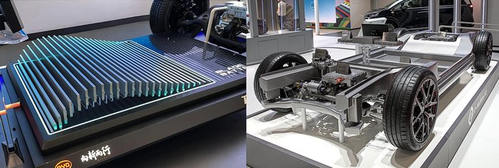 Слева - Blade battery. Справа - платформа e-Platform 3.0.