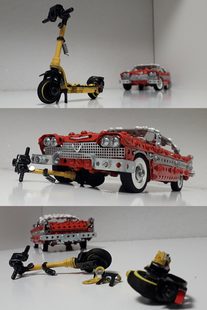 Самокат и Plymouth Fury из металлического конструктора, проволоки, резины и картона