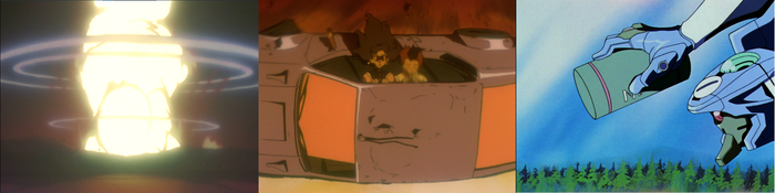 Взрыв N2-бомбы. Мирные жители укрываются от взрыва за складками местности, но ползти на кладбище не спешат. Ева-00 держит в руке N2-заряд и немного играет в камикадзе.