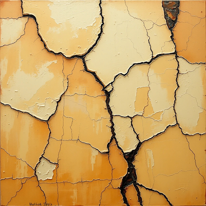 Expressionist painting with dramatic craquelure effect, thick impasto strokes with deep cracks, contrasting raw umber and pale ochre, Jackson Pollock meets Renaissance fresco, dynamic composition with warm earth tones