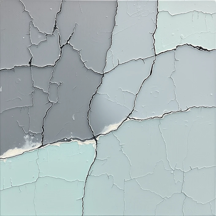 Expressionist painting with dramatic craquelure effect, thick impasto strokes with deep cracks, contrasting slate gray and pale seafoam green, Jackson Pollock meets modern abstract minimalism, balanced asymmetric composition