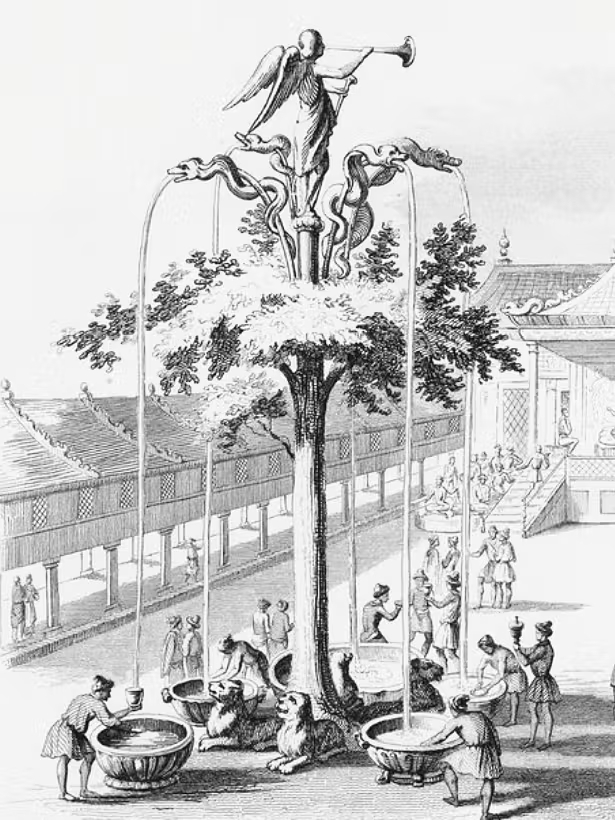 Реконструкция фонтана в Карокоруме по описаннию сделанному монахом Вильгельмом Рубруком, рисунок 18 века