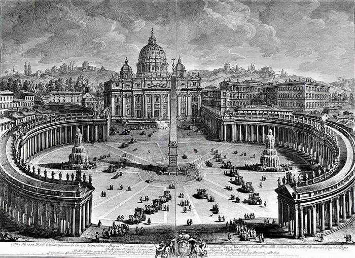 Гравюра Джузеппе Вази "Главный вид на собор и площадь Святого Петра в Ватикане"
