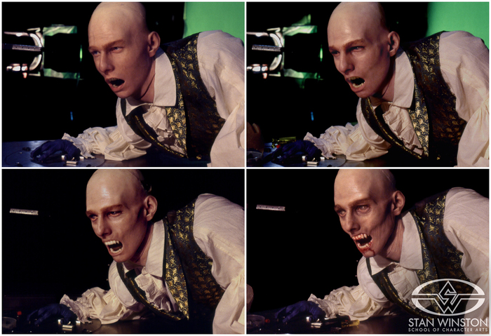 Четыре стадии трансформации Лестата после мести Клодии. Были созданы 4 аниматронные головы Лестата по слепку лица Круза. Потом их изображения были оцифрованы на компьютере и смонтированы в единую сцену.