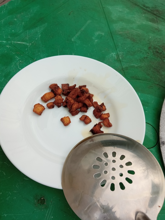 Выжариваем кубики курдюка и достаём их. Если поблизости есть водка - они неплохая закуска. Можно макнуть немного в соль.