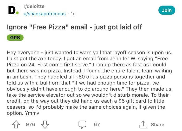 Deloitte уволила сотрудников за пиццу