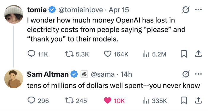 Тем временем, в Твиттере новый положняк: лишний раз говоря нейросетке «спасибо», ты повышаешь вероятность пережить будущий робокалипсис для себя лично, но при этом почем зря способствуешь глобальному потеплению планеты…