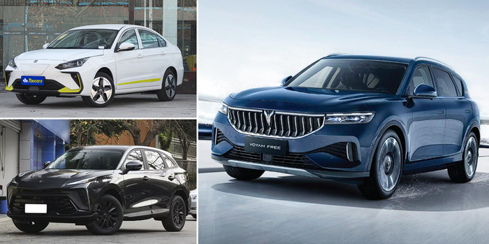 Слева - базовый электроседан Fengshen и бензиновый кроссовер Forthing. А справа - компактный гибридный паркетник Voyah Free, наверняка вы такие видели, у них ещё “галочка” светится вместе с фарой. Ещё у Voyah есть довольно популярный минивэн Dream.