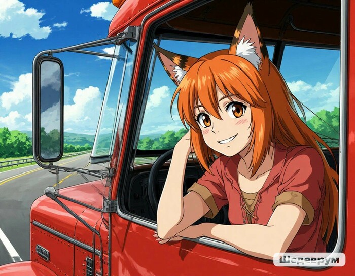 Дальнобойщица Арты нейросетей, Шедеврум (Яндекс), Animal Ears, Anime Art, Уши, Грузовик, Хвост, Кицунэ, Рыжие