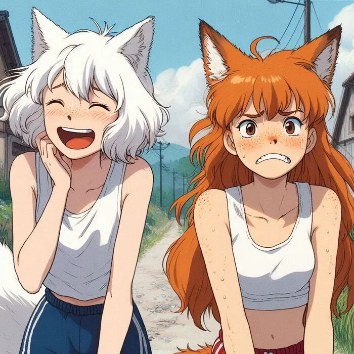 Утренняя пробежка Арты нейросетей, Аниме, Anime Art, Нейронные сети, Арт, Девушки, Кицунэ, Original Character, Animal Ears, Хвост, Спорт, Бег, Ginger & White, Длиннопост