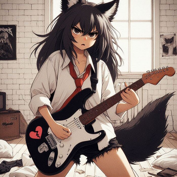 Rox Fox и муки творчества Арты нейросетей, Аниме, Anime Art, Нейронные сети, Арт, Девушки, Кицунэ, Animal Ears, Хвост, Рок, Metal, Гитара, Ginger & White, Длиннопост