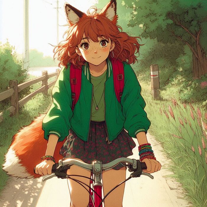 Бочка Арты нейросетей, Аниме, Anime Art, Арт, Нейронные сети, Девушки, Кицунэ, Animal Ears, Хвост, Рыжие, Веснушки, Велосипед, Велопрогулка, Весна, Природа, Заброшенное, Ginger & White, Длиннопост