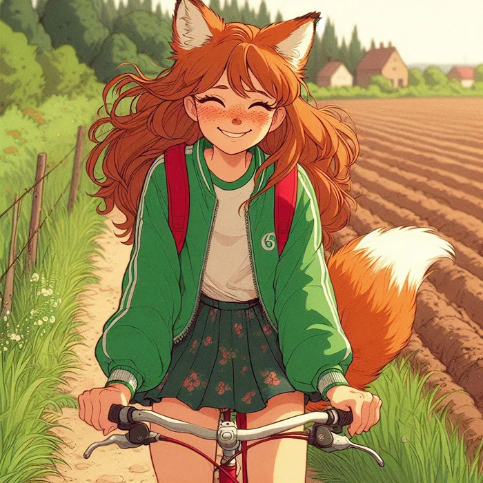 Бочка Арты нейросетей, Аниме, Anime Art, Арт, Нейронные сети, Девушки, Кицунэ, Animal Ears, Хвост, Рыжие, Веснушки, Велосипед, Велопрогулка, Весна, Природа, Заброшенное, Ginger & White, Длиннопост