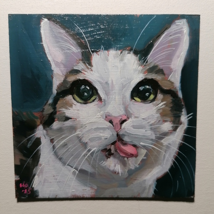 10х10см Масло/грунтованный картон/кот Иосиф, навернувший сметаны.