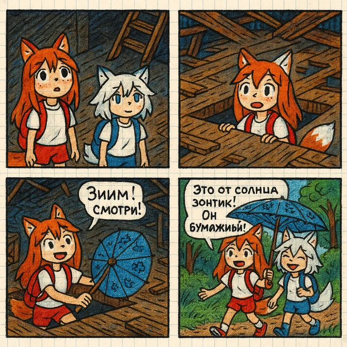 Мельница с секретом (воспоминание) Арты нейросетей, Нейронные сети, Anime Art, Аниме, Арт, Комиксы, Кицунэ, Animal Ears, Хвост, Лето, Воспоминания из детства, Ginger & White, Длиннопост
