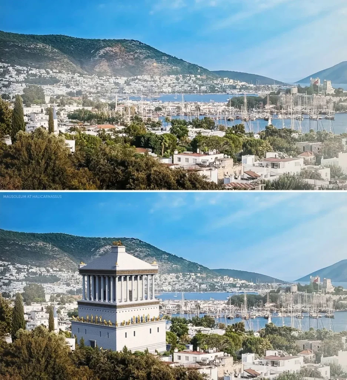 Мавзолей в Галикарнасе. Место расположение (вверху) и реконструкция (внизу)