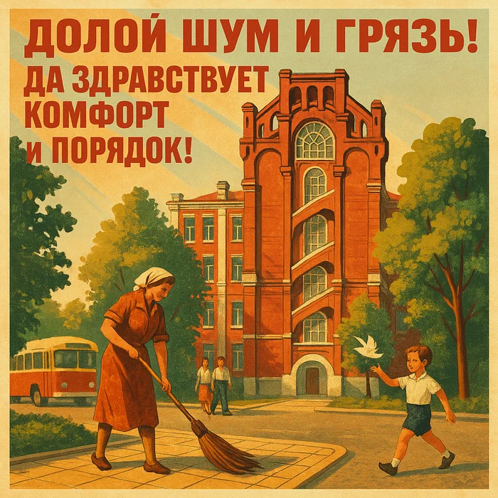 Тверь победившего коммунизма Жизненно, Уборка, Советский район, Советские плакаты, Агитационный плакат, Арты нейросетей, Нейронные сети, СССР, Коммунизм, Длиннопост