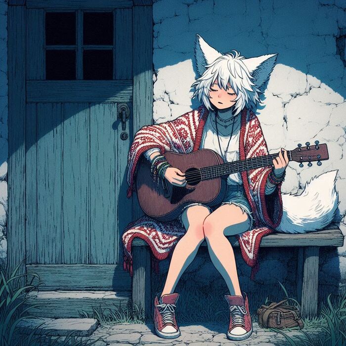 Вдохновение Арты нейросетей, Anime Art, Аниме, Арт, Нейронные сети, Девушки, Original Character, Кицунэ, Animal Ears, Хвост, Гитара, Ночь, Вдохновение, Ginger & White, Длиннопост