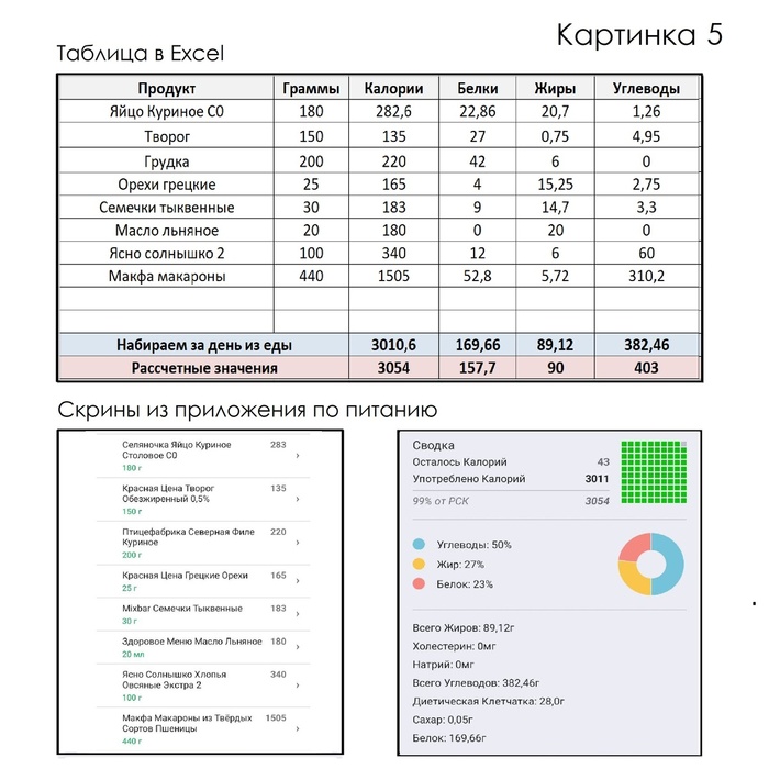 Картинка 5 - КБЖУ и продукты, которые мы получили после того, как учли всё. Этими продуктами мы и будем питаться ближайший день.