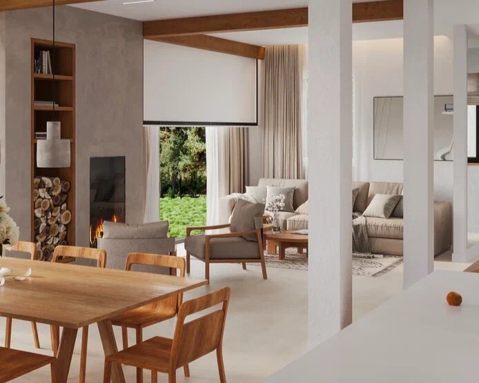 Дизайн-проект коттеджа в поселке «Невская усадьба», кухня-гостиная в стиле минимализм с элементами джапанди от студии Artum.