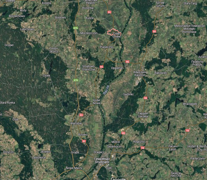 Гнев, Нове и Грудзендз на карте Google.