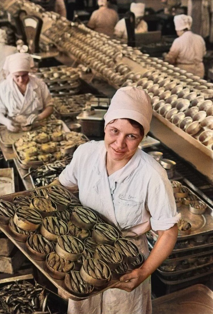 Фасовка шпрот на рыбоконсервном комбинате в Риге. 1970-е годы
