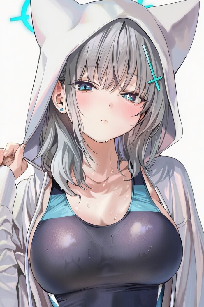 Sunaookami Shiroko #055 , Anime Art, Blue Archive, Shiroko Terror, , One-piece swimsuit,  , Animal Ears, , 