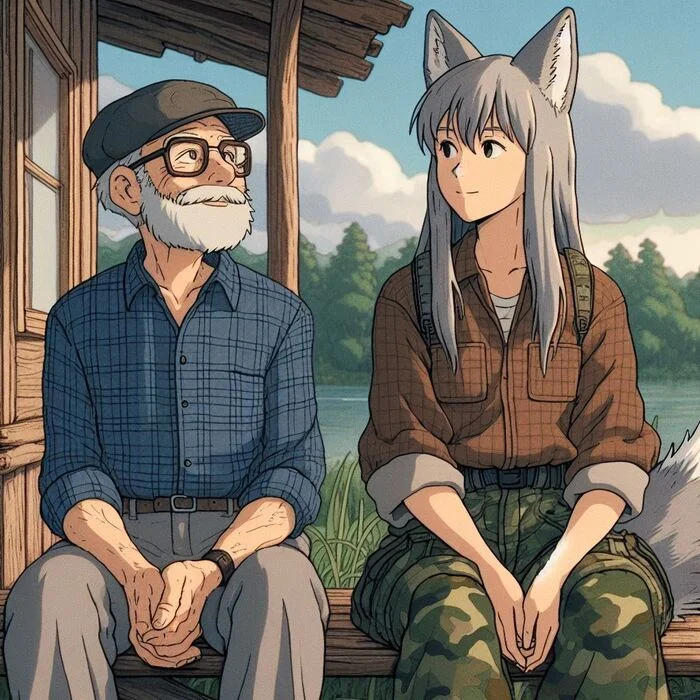 Хельга и искусство тишины Арты нейросетей, Аниме, Anime Art, Арт, Нейронные сети, Девушки, Кицунэ, Animal Ears, Хвост, Original Character, Река, Тайга, Ginger & White, Длиннопост