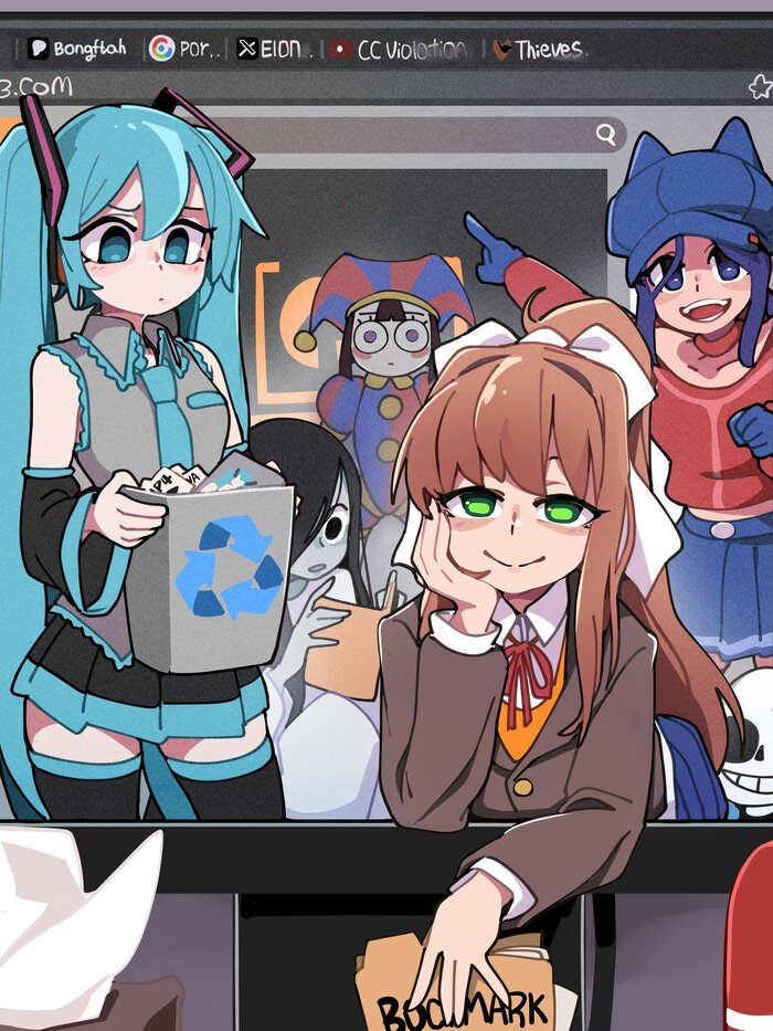   , , Anime Art, Bongf, , Miside, Mita (MiSide), Monika (Doki Doki), Doki Doki Literature Club, Vocaloid, Hatsune Miku, The Amazing Digital Circus, Pomni, , Yamamura sadako, Sans, Undertale