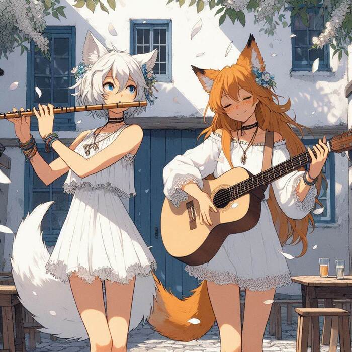 Белый концерт Арты нейросетей, Аниме, Арт, Anime Art, Девушки, Нейронные сети, Original Character, Кицунэ, Animal Ears, Хвост, Гитара, Флейта, Весна, Цветение, Ginger & White, Длиннопост