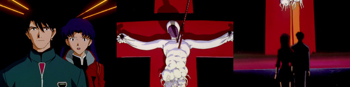 Мисато шокирована. ?Адам? Внизу видно бассейн с LCL.