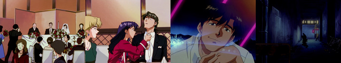 Чья-то свадьба. Мисато поправляет Кадзи галстук. Вид на вечерний Токио-3. Неясная сцена.