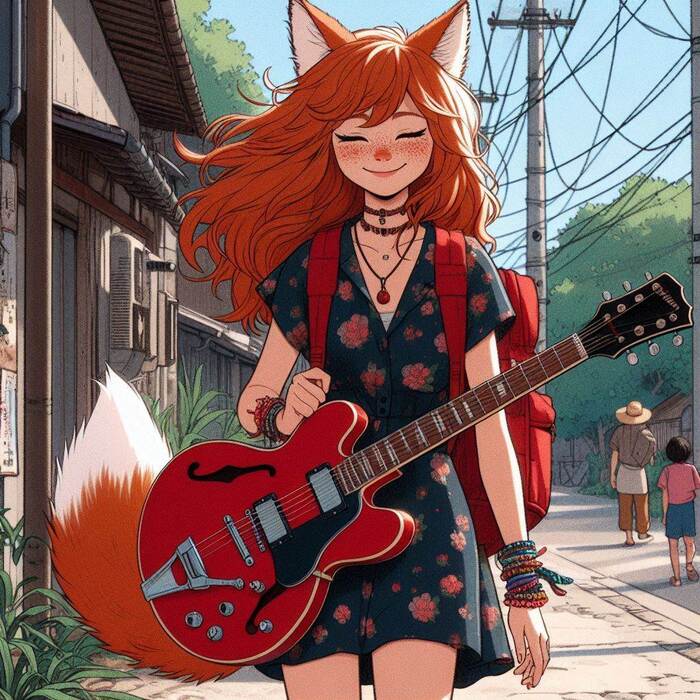 Электричество! Арты нейросетей, Аниме, Anime Art, Девушки, Арт, Original Character, Кицунэ, Animal Ears, Хвост, Рыжие, Веснушки, Гитара, Поездка, Фенечка, Ginger & White, Длиннопост