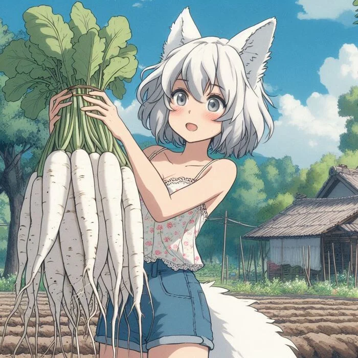 Дайкон! Арты нейросетей, Аниме, Anime Art, Арт, Нейронные сети, Девушки, Кицунэ, Animal Ears, Original Character, Хвост, Дайкон, Огород, Ginger & White, Длиннопост