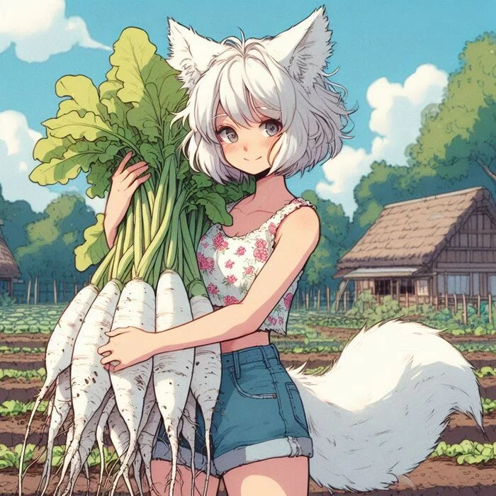 Дайкон! Арты нейросетей, Аниме, Anime Art, Арт, Нейронные сети, Девушки, Кицунэ, Animal Ears, Original Character, Хвост, Дайкон, Огород, Ginger & White, Длиннопост