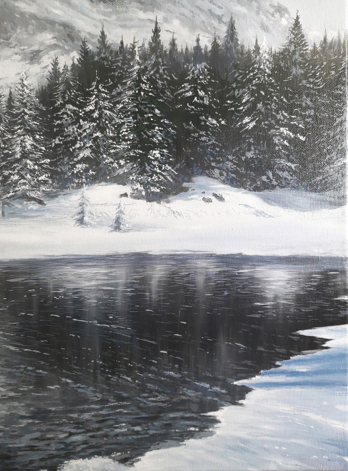 "Озеро в зимнем лесу" (холст, масло, 50x70)