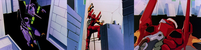 Ева-01 стреляет в тень, но она уже постепенно погружается в неё. Аска лезет на дом чтобы спастись от тени. Квартал города, поглощенный тенью