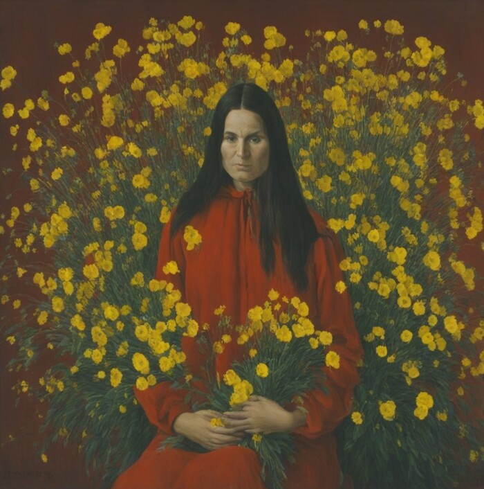 ������ ��������� � red painting of a woman with yellow flowers