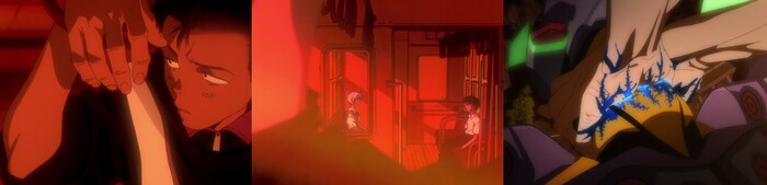 Тодзи, Рей и Синдзи в видении. Заражение Евы-01 во время битвы с Евой-03 в Ребилде.