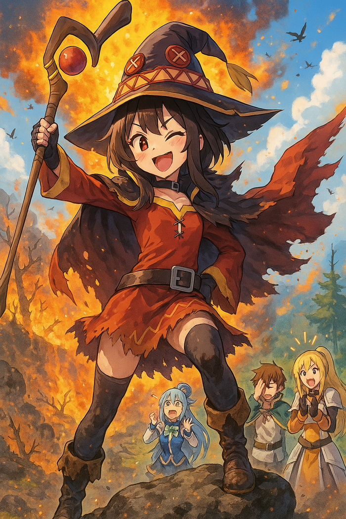 "EXPLOSION!!!"  , Konosuba, Megumin, Aqua, Darkness, Anime Art, ChatGPT, 