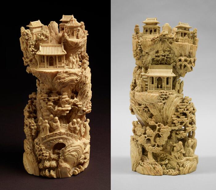 Резьба по слоновой кости с изображением пейзажа и буддийскими монахами, поднимающимися к храму. Китай, династия Цин, XVIII-XIX вв. Британский музей.