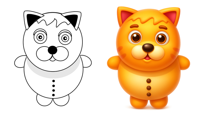 Раскрась кота с прикрепленной картинки, в стиле "3d cartoon", чтобы он выглядел как трехмерный кот.
